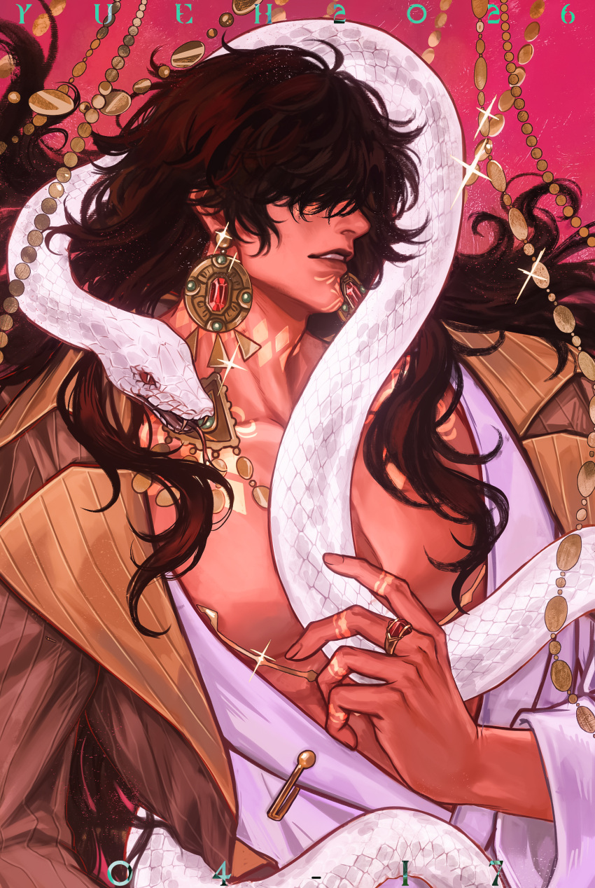 1boy, absurdres, black_hair, covered_eyes, dark-skinned_male, dark_skin, earrings, hair_over_eyes