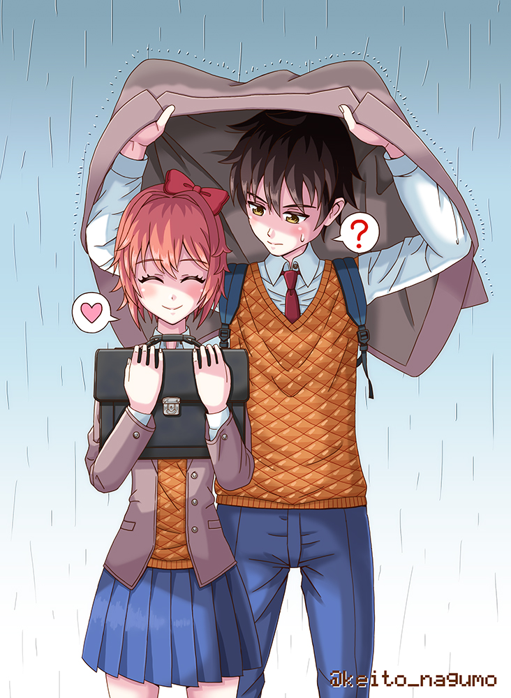 1boy, 1girl, ?, bag, black_bag, blue_pants, blue_skirt, bow