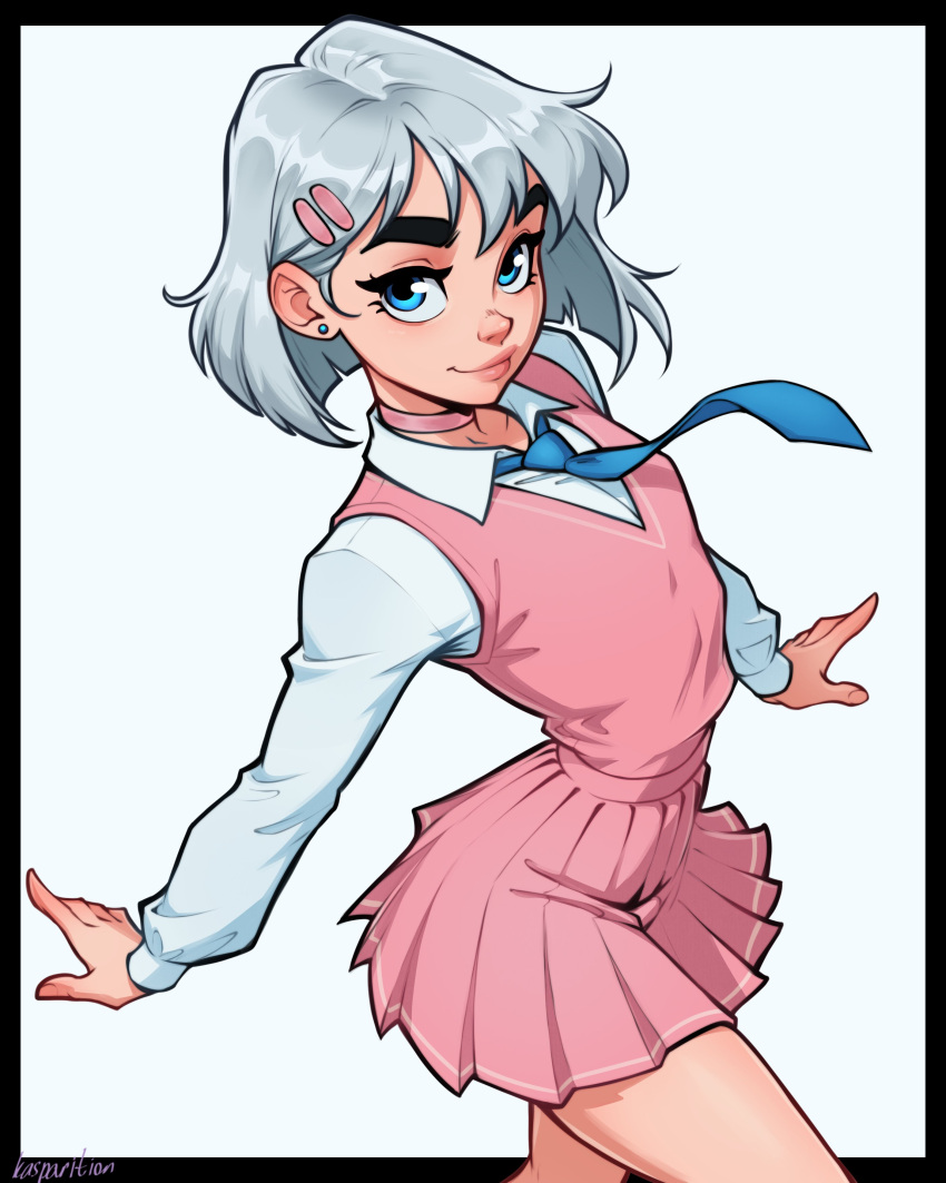 1girl, absurdres, ai-generated, arched_back, arms_at_sides, artist_name, blue_eyes, blue_necktie