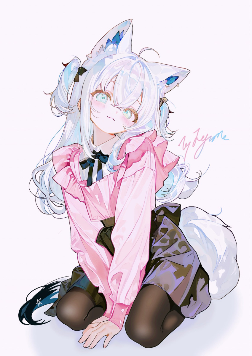 1girl, :3, and66125072, animal_ear_fluff, animal_ears, black_bow, black_bowtie, black_pantyhose, black_skirt, blue_eyes, bow, bowtie, commentary_request, fox_ears, fox_girl, fox_tail, highres, hololive, long_hair, pantyhose, shirakami_fubuki, shirt, simple_background, skirt, solo, tail, white_background, white_hair, white_shirt