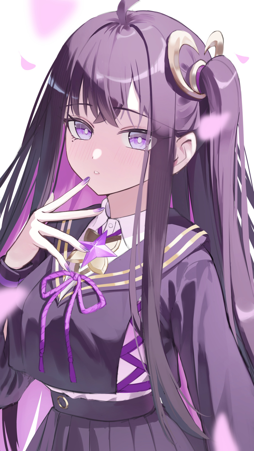 1girl, absurdres, ahoge, black_hair, black_sailor_collar, black_shirt, breasts, chitose_(stella_sora)