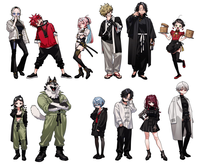 6+boys, 6+girls, absurdres, alma_(gokurakugai), black_eyes, black_hair, black_pants, blonde_hair