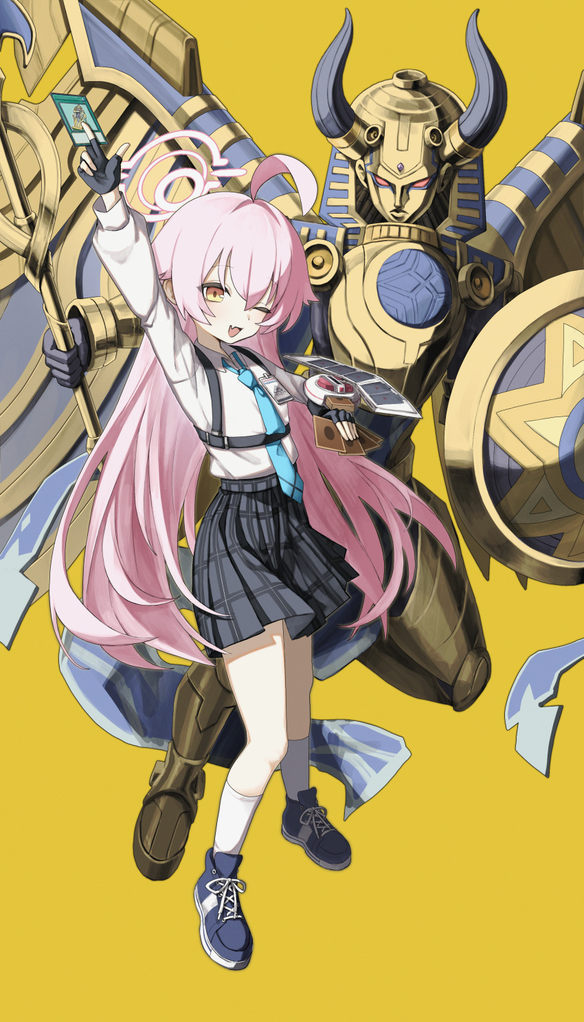 1girl, :d, ;d, absurdres, ahoge, arm_up, black_gloves, black_skirt, blue_archive, card, commentary, crossover, duel_disk, duel_monster, fingerless_gloves, full_body, gloves, hair_between_eyes, halo, happy, highres, holding, holding_card, horns, hoshino_(blue_archive), imsety_glory_of_horus, long_hair, long_sleeves, looking_at_viewer, name_connection, one_eye_closed, open_mouth, pink_hair, plaid_clothes, plaid_skirt, polearm, school_uniform, shield, shirt, shoes, simple_background, skirt, smile, socks, spear, standing, sztxra, untranslatable_commentary, very_long_hair, weapon, white_shirt, white_socks, yellow_background, yellow_eyes, yu-gi-oh!