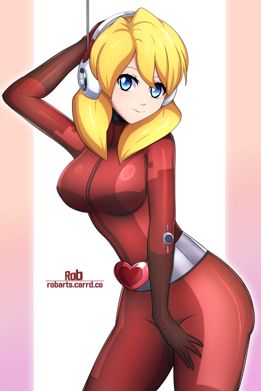 1girl, absurdres, alia_(mega_man), artist_name, belt, blonde_hair, blue_eyes, bodysuit