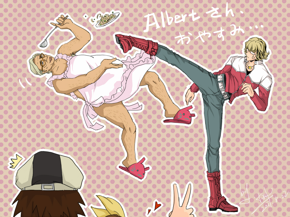 age_difference, albert_maverick, anger_vein, animal_slippers, apron, barnaby_brooks_jr, belt, blonde_hair