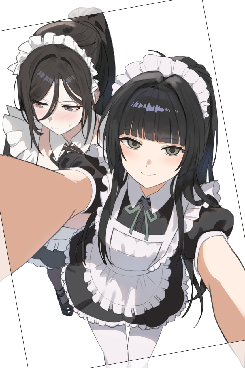 2girls, absurdres, apron, black_hair, black_pantyhose, breasts, closed_mouth, commentary_request, green_eyes, grey_hair, han_yoil, highres, korean_commentary, long_hair, looking_at_viewer, lynnz, maid, maid_apron, maid_headdress, medium_breasts, multiple_girls, pantyhose, ponytail, simple_background, thigh-highs, today's_han_yoil_is_a_woman, white_background, white_thighhighs