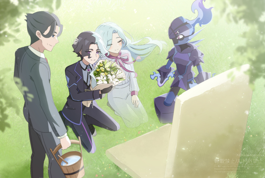 1girl, 2boys, amethio_(pokemon), black_gloves, bouquet, bright_pupils, bucket, ceruledge, cervantis_(pokemon), closed_mouth, collared_shirt, commentary_request, day, family, ghost, gloves, grass, grave, grey_shirt, highres, jacket, kinoneko_(ekakenaisan), maria_(pokemon), mother_and_child, mother_and_son, multiple_boys, open_clothes, open_jacket, outdoors, pants, parent_and_child, pokemon, pokemon_(anime), pokemon_(creature), pokemon_horizons, shirt, shoes, short_hair, sitting, smile, vest, violet_eyes, water, watermark, white_pupils