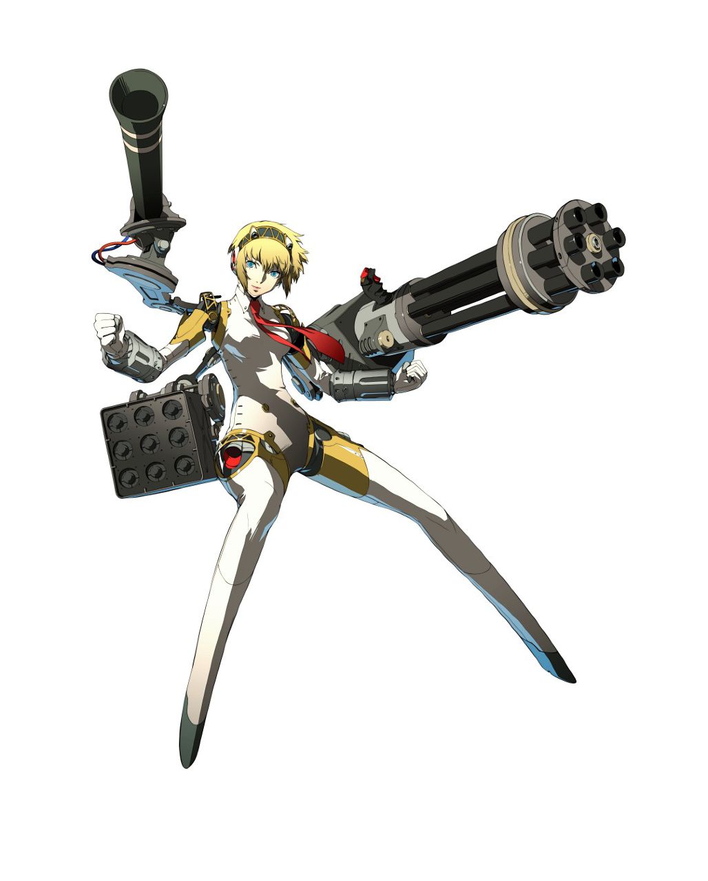 arc_system_works, blonde_hair, blue_eyes, crossover, fighting_stance, gatling_gun, gun, highres