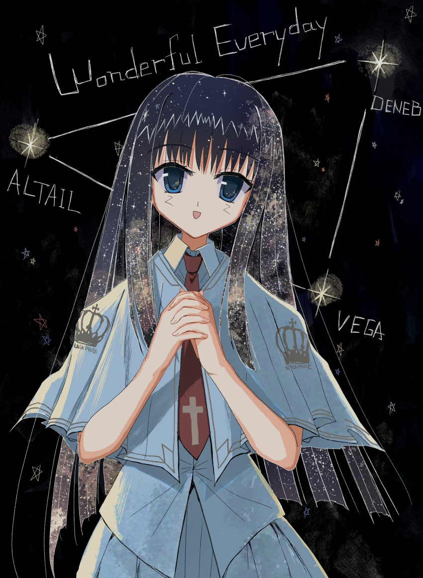 1girl, altair_(star), black_background, black_hair, blue_eyes, blunt_ends, capelet, commentary_request