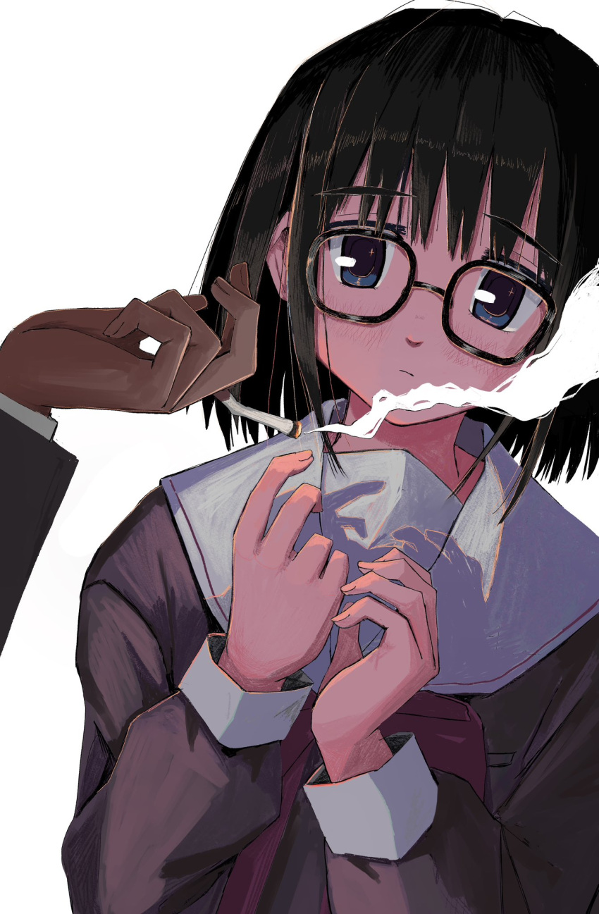 1boy, 1girl, black-framed_eyewear, black_hair, blue_eyes, blush, bow, brown_cardigan