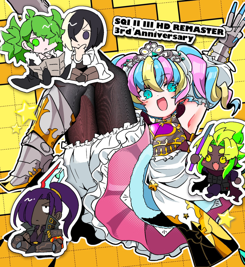 :d, anniversary, aqua_eyes, aqua_hair, arm_up, armor, armored_boots, armpits, black_hair, black_pantyhose, blonde-hair, boots, breastplate, chibi, commentary_request, dark_hunter_(sekaiju), dark_hunter_5, dark_skin, doctor_magus, doctor_magus_5, green_hair, hair_over_one_eye, highres, holding, holding_weapon, map_(object), medic_(sekaiju), medic_5_(sekaiju), multicolored_hair, omusubi5498, pantyhose, pink_hair, purple_hair, sekaiju_no_meikyuu, sekaiju_no_meikyuu_hd, shinobi_(sekaiju), shinobi_5_(sekaiju), smile, sovereign_(sekaiju), sovereign_5_(sekaiju), streaked_hair, thick_eyebrows, thinking, tiara, weapon, yellow_eyes