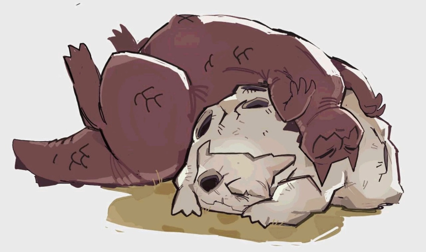 closed_eyes, commentary, english_commentary, full_body, lying, lying_on_another, mewgenics, missing_eye, monster, monster_focus, no_humans, on_back, pyrophina, smile, virisari-blog, white_background, zaratana
