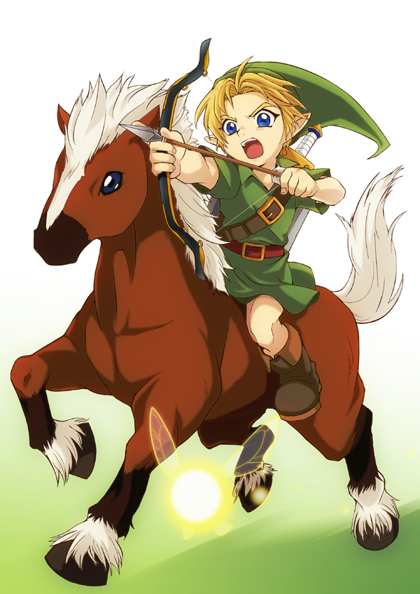 bad_id, blonde_hair, blue_eyes, bow_(weapon), epona, fairy, hat, horse, koga_(pasuka), link, nintendo, pointy_ears, the_legend_of_zelda, weapon