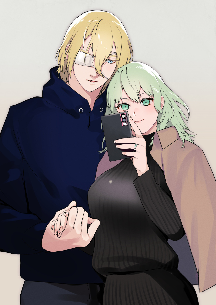 1boy, 1girl, absurdres, black_pants, black_sweater, blonde_hair, blue_eyes, blue_hoodie