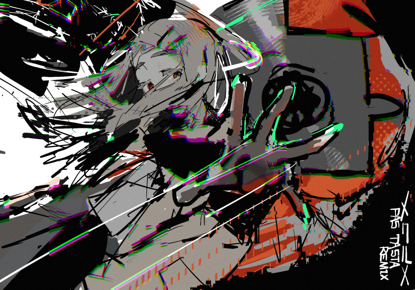 1girl, abstract_background, blonde_hair, camisole, chromatic_aberration, colored_eyelashes, commentary_request, covered_mouth
