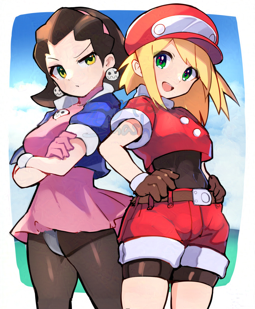 2girls, adversarial_noise, artist_name, black_bodysuit, blonde_hair, blue_jacket, bodysuit, bodysuit_under_clothes, brown_gloves, brown_hair, commentary_request, covered_navel, cowboy_shot, cropped_jacket, crotch_plate, dress, earrings, gloves, green_eyes, hands_on_own_hips, hat, highres, jacket, jewelry, kokokashira_(koko_ni_iru), looking_at_viewer, medium_hair, mega_man_(series), mega_man_legends_(series), multiple_girls, newsboy_cap, open_clothes, open_jacket, open_mouth, pantyhose, pink_dress, red_hat, red_jacket, red_shorts, roll_caskett_(mega_man), short_dress, shorts, skull_brooch, skull_earrings, sleeves_rolled_up, smile, tron_bonne_(mega_man)
