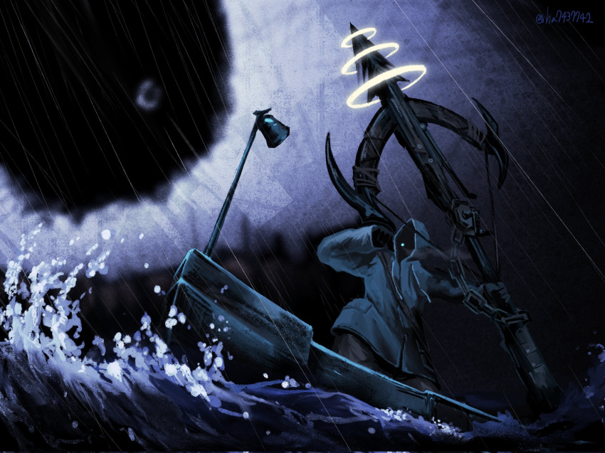 1boy, artist_name, black_gloves, boat, commentary, dark, face_in_shadow, gloves