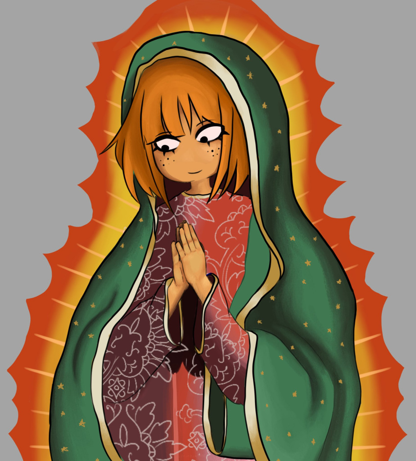 black_eyes, blanket, bob_cut, christianity, cosplay, eyelashes, freckles, gray_background, green_blanket, highres, light_rays, lights, long_sleeves, looking_down, maria_del_carmen, mymy_schoppenboer, ongezellig, orange_hair, praying, printed_clothes, red_shirt, short_hair, simple_background, star_print, tan