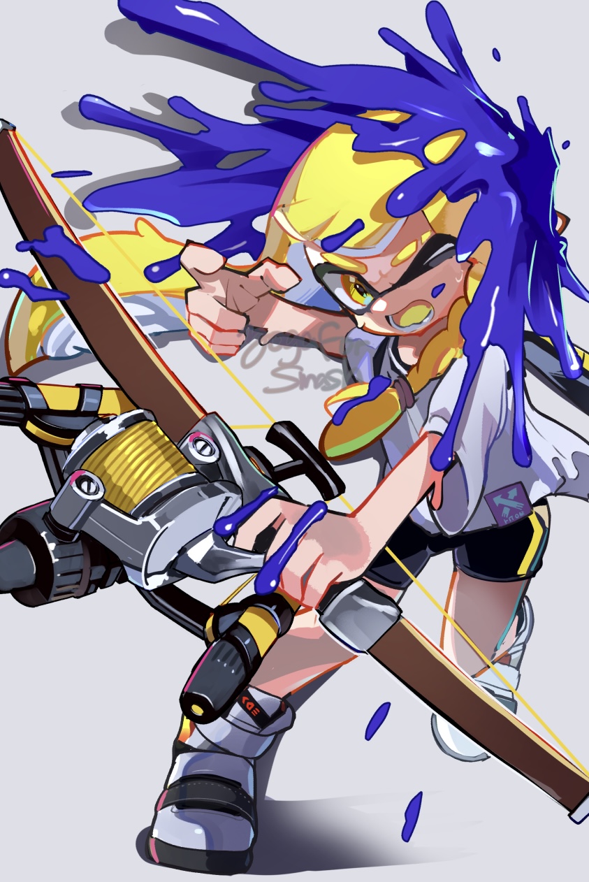 1girl, bike_shorts, bow_(weapon), commentary_request, eyebrow_cut, highres, holding, holding_bow_(weapon)