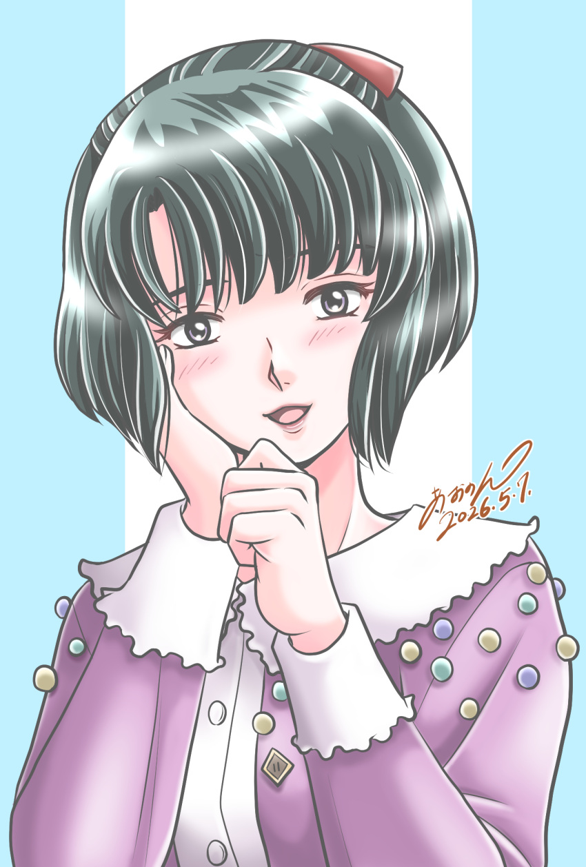1girl, aononmi, artist_name, black_hair, blush, brown_eyes, buttons, collar