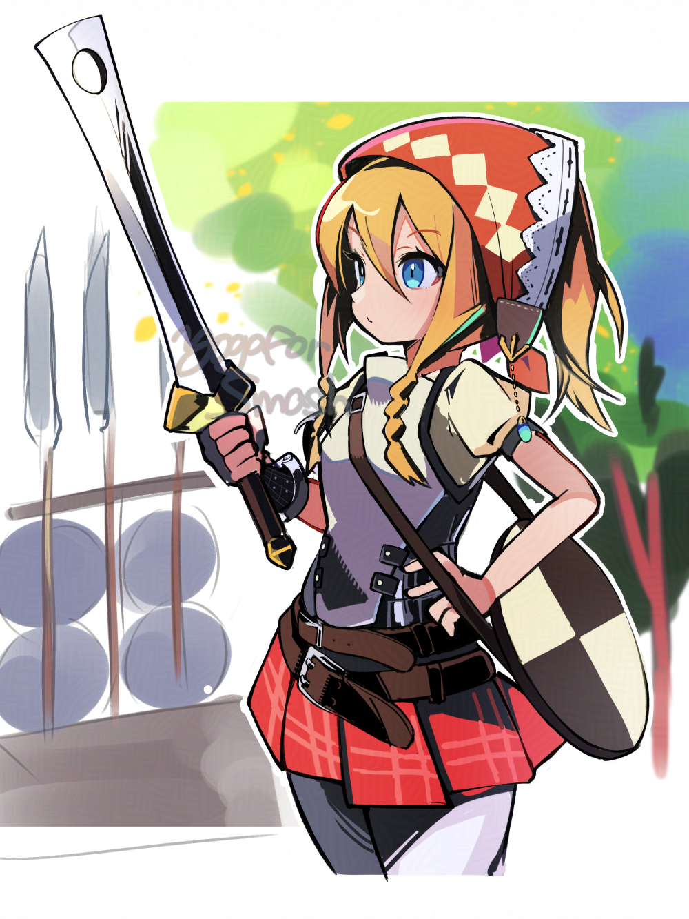 1girl, armor, belt, blonde_hair, blue_eyes, bonnet, braid, breastplate
