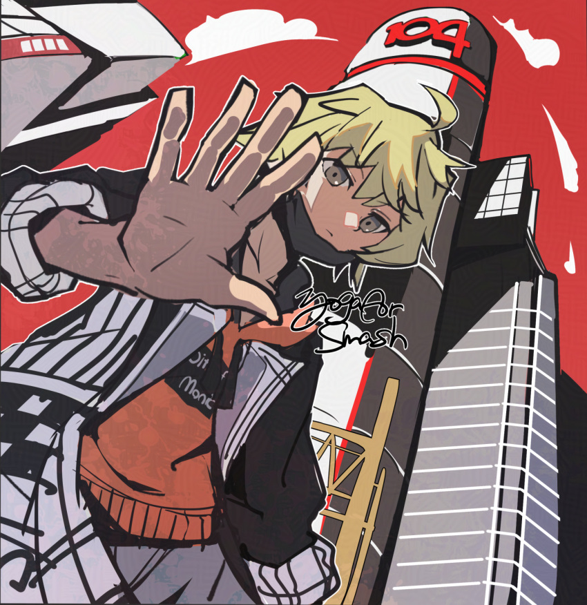 1boy, antenna_hair, black_coat, blonde_hair, building, closed_mouth, clouds, coat