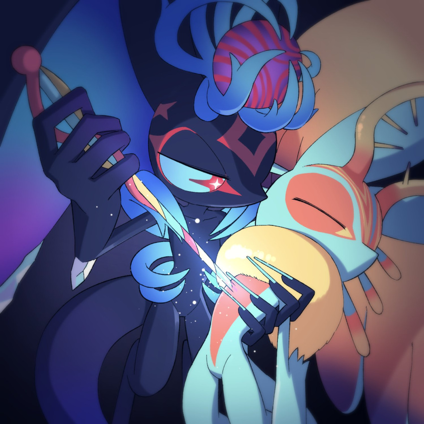 +_+, amateru_kai, antlers, blue_sclera, closed_eyes, colored_sclera, commentary_request, fecto_elfilis