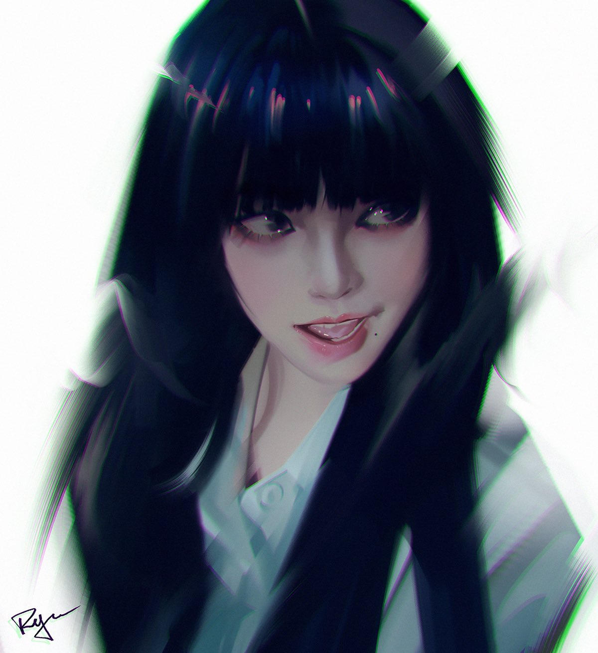 1girl, aespa, black_eyeliner, black_hair, blunt_bangs, commentary, eyelashes, eyeliner, highres, jacket, karina_(aespa), long_hair, looking_to_the_side, makeup, mascara, mole, pink_lips, ryuzhang1212, signature, smile, solo, untranslatable_commentary