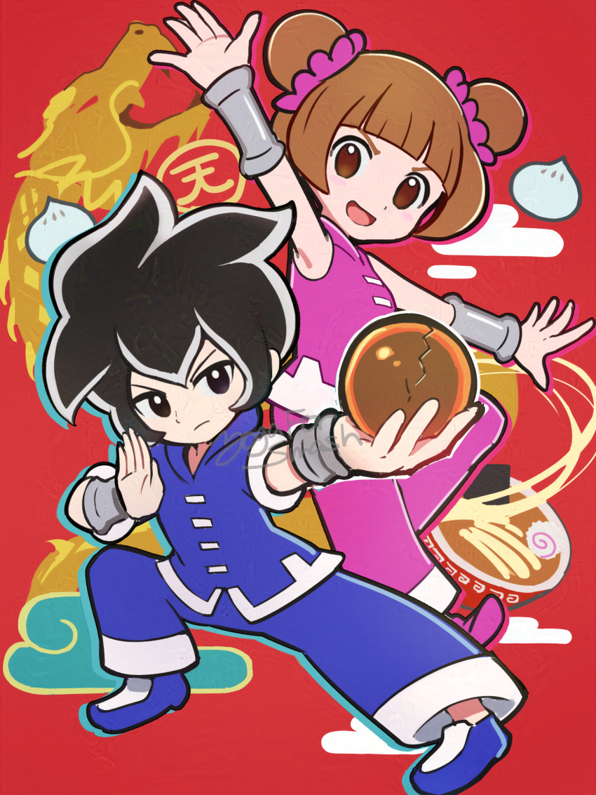 1boy, 1girl, adversarial_noise, artist_name, black_eyes, black_hair, blue_pants, blue_shirt