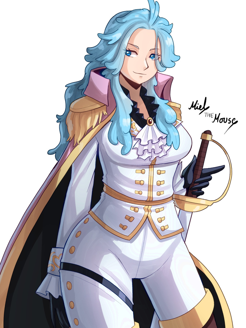 1girl, absurdres, black_gloves, blue_eyes, blue_hair, candel_(one_piece), coat, collared_shirt
