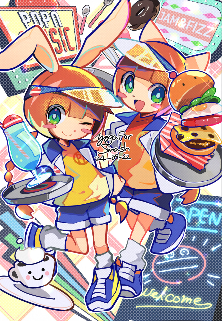 2girls, :d, ;), animal_ears, artist_name, bemani, blue_shoes, blue_shorts