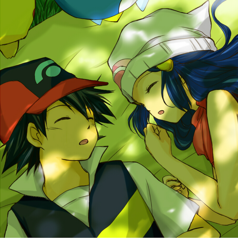 1boy, 1girl, ash_ketchum, baseball_cap, beanie, black_hair, blue_hair, closed_eyes