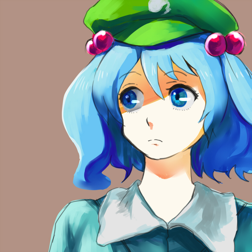 blue_eyes, blue_hair, hair_bobbles, hair_ornament, hamu_(wt-bix), hat, kawashiro_nitori, portrait