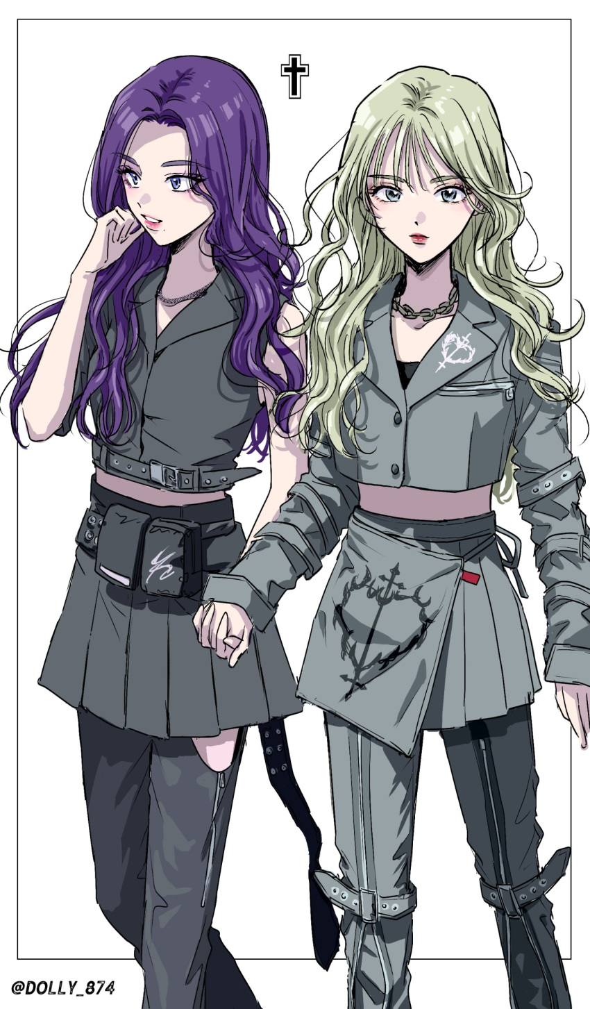2girls, aespa, blonde_hair, blue_eyes, commentary, cowboy_shot, cropped_jacket, cross