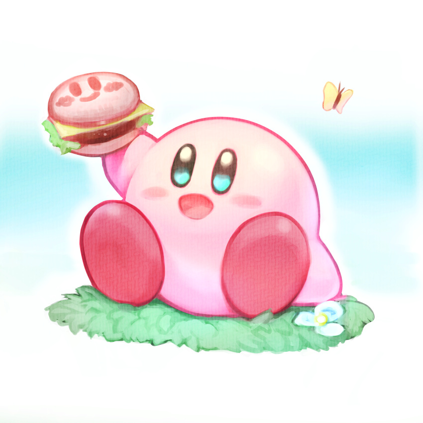 absurdres, blush_stickers, bug, burger, butterfly, butterfly_wings, colored_skin, commentary_request, food, highres, holding, holding_burger, holding_food, insect_wings, jiru_(toys_hobbye), kirby, kirby_(series), kirby_burger, morpho_knight_(butterfly), no_humans, open_mouth, pink_skin, sitting, wings