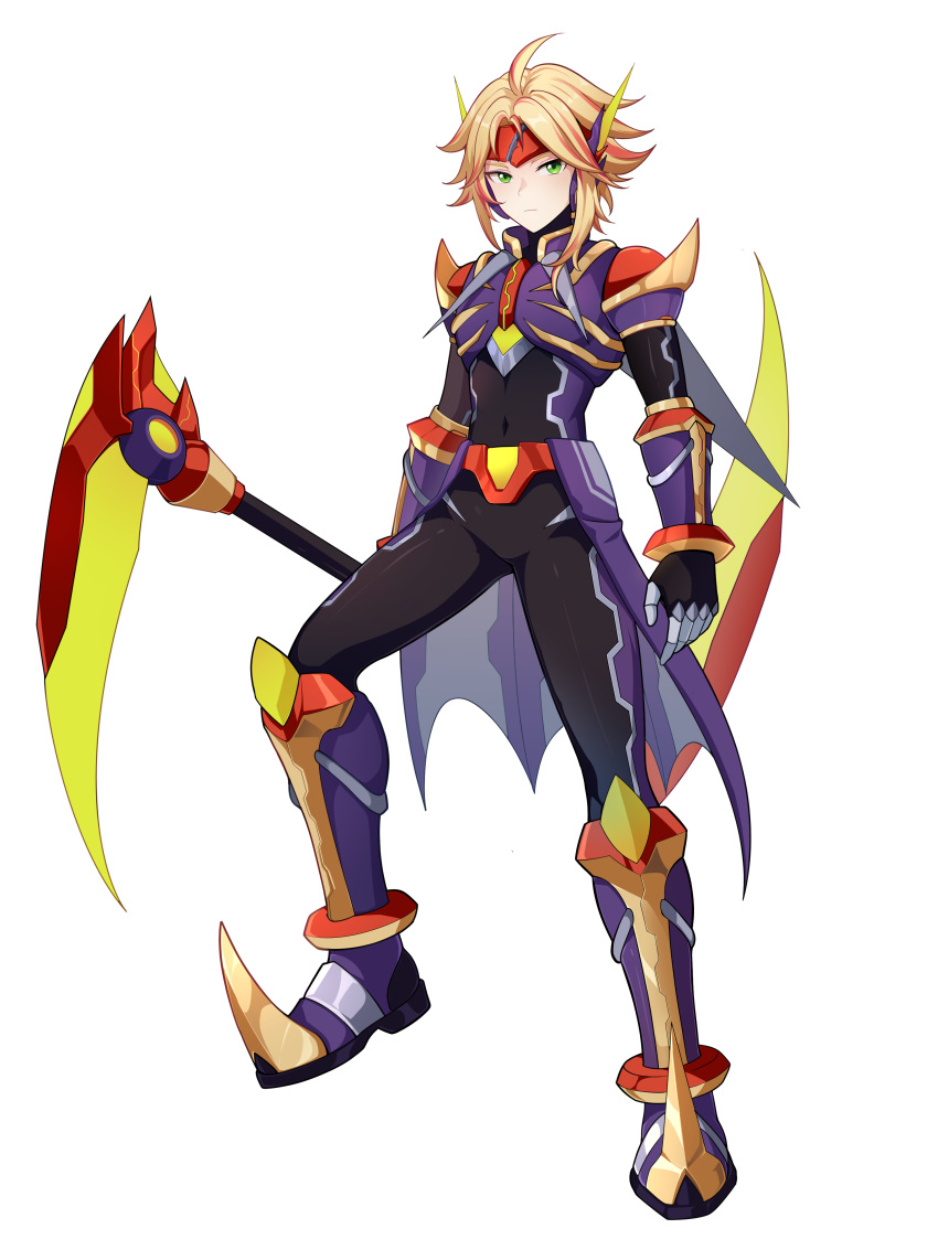 1boy, absurdres, alternate_costume, alternate_hairstyle, armor, armored_boots, belt, blonde_hair