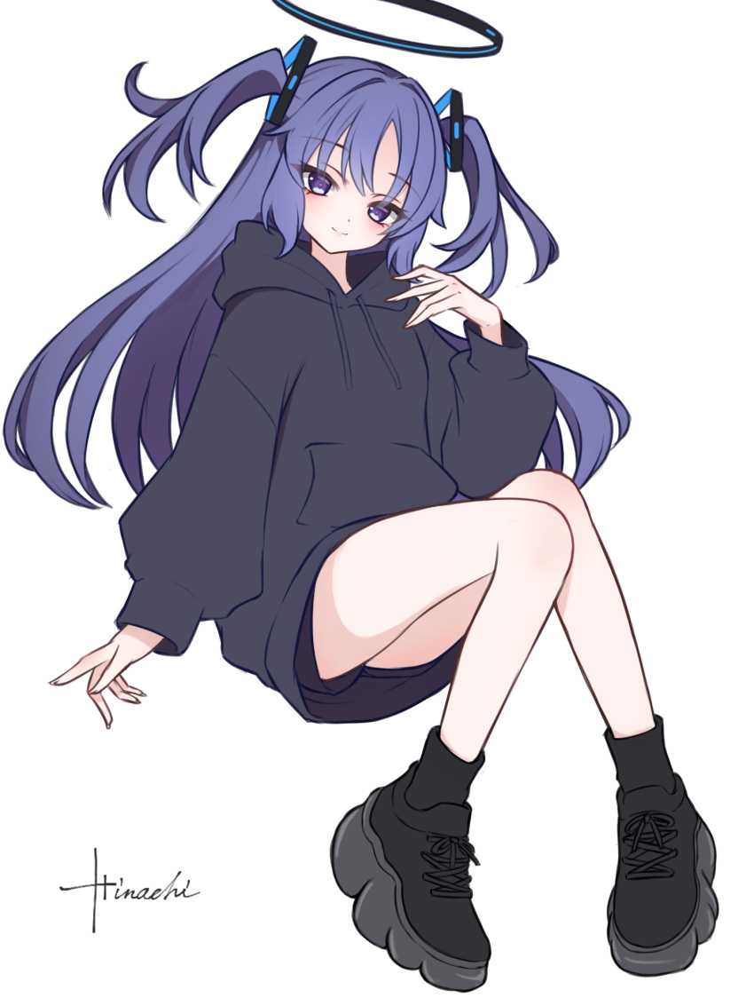 1girl, arms_at_sides, bare_legs, black_halo, black_hoodie, black_shoes, black_shorts, blue_archive