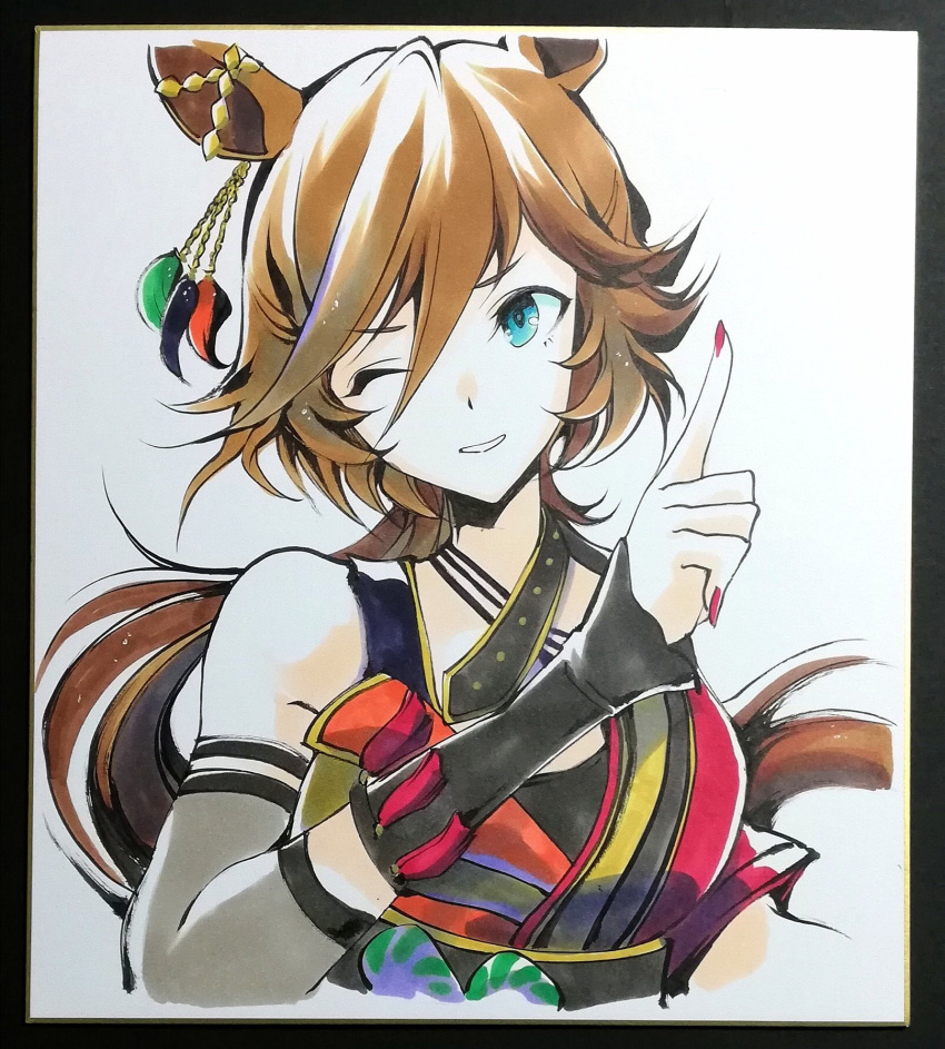 1girl, :d, ;d, animal_ears, brown_hair, commentary_request, detached_sleeves, dress