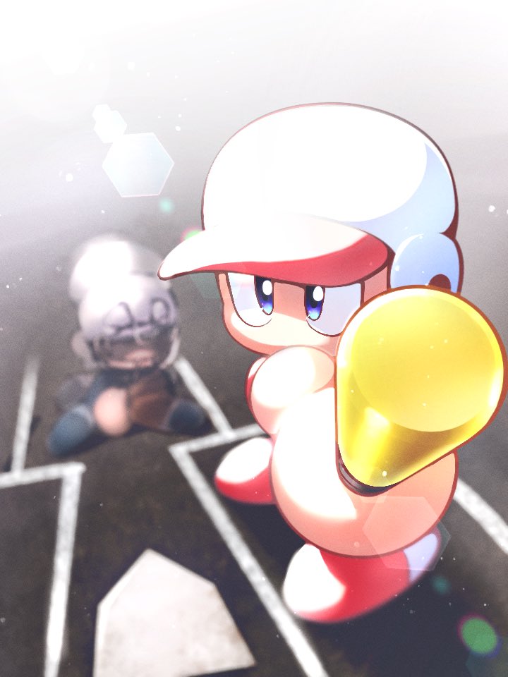 2boys, baseball_(sport), baseball_base, baseball_bat, baseball_helmet, blue_eyes, catcher's_mask, catcher_(baseball), commentary_request, from_above, helmet, holding, holding_baseball_bat, jikkyou_powerful_pro_yakyuu, jikkyou_powerful_pro_yakyuu_(style), multicolored_shoes, multiple_boys, no_mouth, parmesan_(zan_parmesanne), power_pro-kun, power_pro_appli, rayman_limbs, red_shoes, sanpaku, shoes, solo_focus, two-tone_shoes, white_shoes