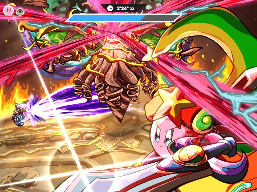 battle, chariot_(kirby), commentary_request, countdown_timer, green_hat, hat, health_bar, highres