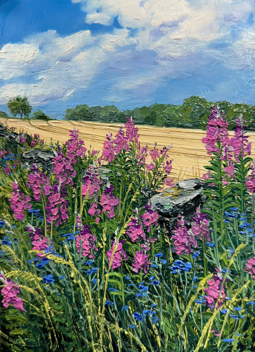 blue_sky, clouds, commentary, day, english_commentary, flower, grass, highres, kate_avery, no_humans, oil_painting_(medium), original, outdoors, painting_(medium), pink_flower, scenery, sky, traditional_media, tree