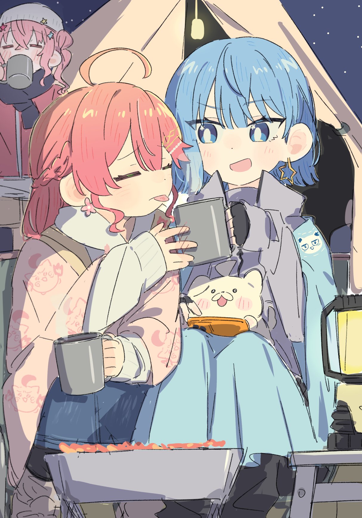 3girls, ahoge, blanket, blue_eyes, blush, burnt_tongue, campfire, camping