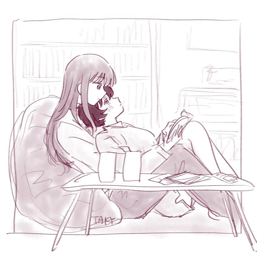 2girls, bean_bag_chair, blush, book, chang_chin-lan, cuddling, greyscale, gujyo_kanade, highres, holding, holding_book, indoors, kamiina_botan_yoeru_sugata_wa_yuri_no_hana, long_hair, monochrome, multiple_girls, shirt, short_hair, taki_ritzk0u, yuri