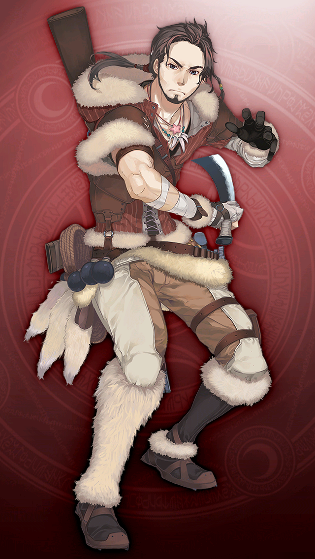 1boy, asymmetrical_legwear, beard, belt, brown_belt, brown_hair, brown_hat, brown_pants, brown_shoes, closed_mouth, facial_hair, flower, flower_necklace, fur-trimmed_jacket, fur_trim, game_asset, grimms_notes, hand_up, hat, holding, holding_sword, holding_weapon, huntsman_(grimms_notes), jacket, looking_at_viewer, male_focus, mismatched_legwear, murasaki_hisato, non-web_source, official_art, open_hand, pants, pink_flower, ponytail, pouch, shoes, solo, standing, sword, two-tone_pants, v-shaped_eyebrows, weapon, white_pants