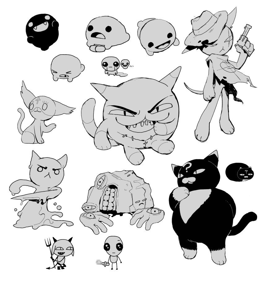 2boys, absurdres, animal_ears, b-prober, c-1000_(mewgenics), cat, cat_boy, cat_ears, cat_tail, creature, dybbuk_(mewgenics), full_body, furry, furry_male, gambit_(mewgenics), greyscale, higa423, highres, hot_poker_(mewgenics), looking_at_viewer, marshmallow_(mewgenics), mewgenics, monochrome, multiple_boys, multiple_views, open_mouth, simple_background, spewer_(mewgenics), standing, tail, the_man_in_the_moon_(mewgenics), white_background, zodiac_(mewgenics)