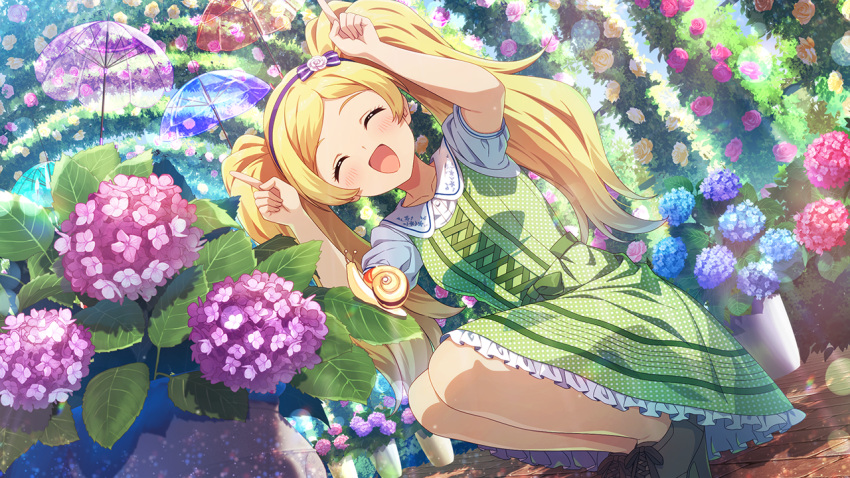 1girl, :d, ^_^, arms_up, blonde_hair, blue_flow, blush, card_commentary