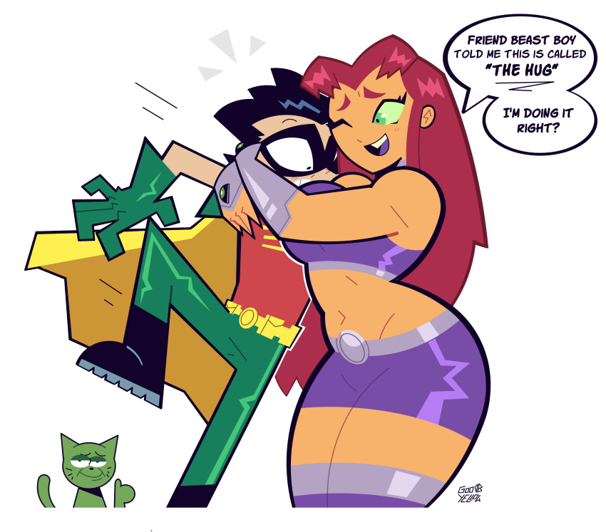 1girl, 2boys, absurdres, goodbyellow, highres, hug, multiple_boys, starfire
