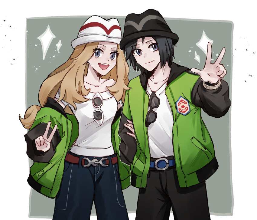 1boy, 1girl, absurdres, black_hair, black_hat, brown_hair, calem_(pokemon), cosplay