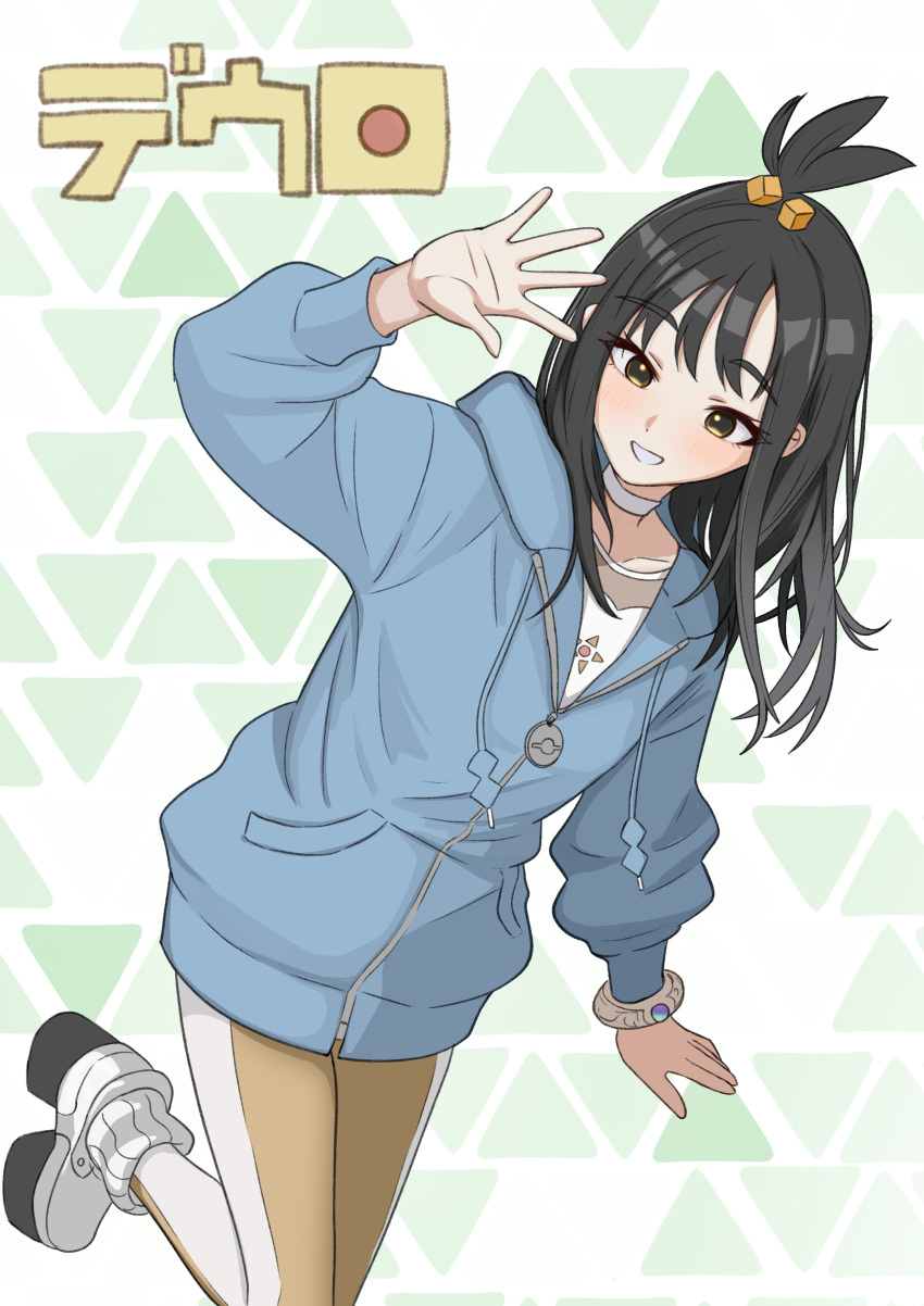 1girl, absurdres, black_hair, blue_hoodie, choker, commentary_request, cube_hair_ornament, grey_eyes