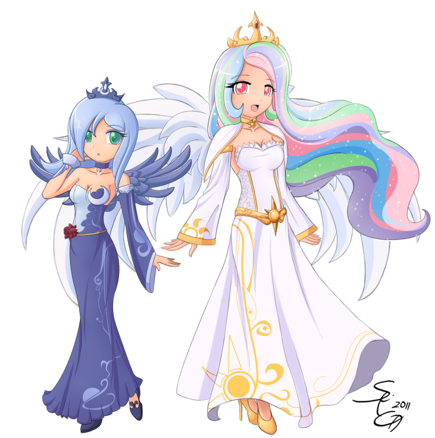 bare_shoulders, blue_hair, celestia_(my_little_pony), choker, dress, green_eyes, high_heels, highres, human, long_hair, luna_(my_little_pony), multicolored_hair, multiple_girls, my_little_pony, my_little_pony:_friendship_is_magic, my_little_pony_friendship_is_magic, open_mouth, personification, pink_eyes, rainbow_hair, seiryuga, shoes, siblings, sisters, sparkle, tiara, transparent_background, wings